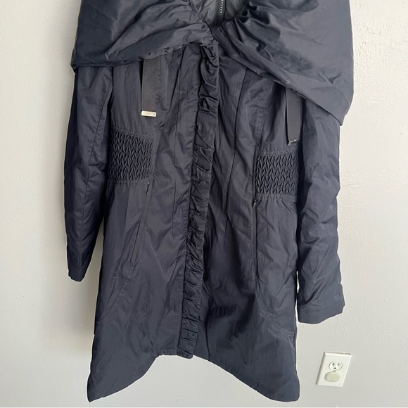 T Tahari Hooded Ribbed-Trim A-Line Jacket, Navy - Picture 5 of 14